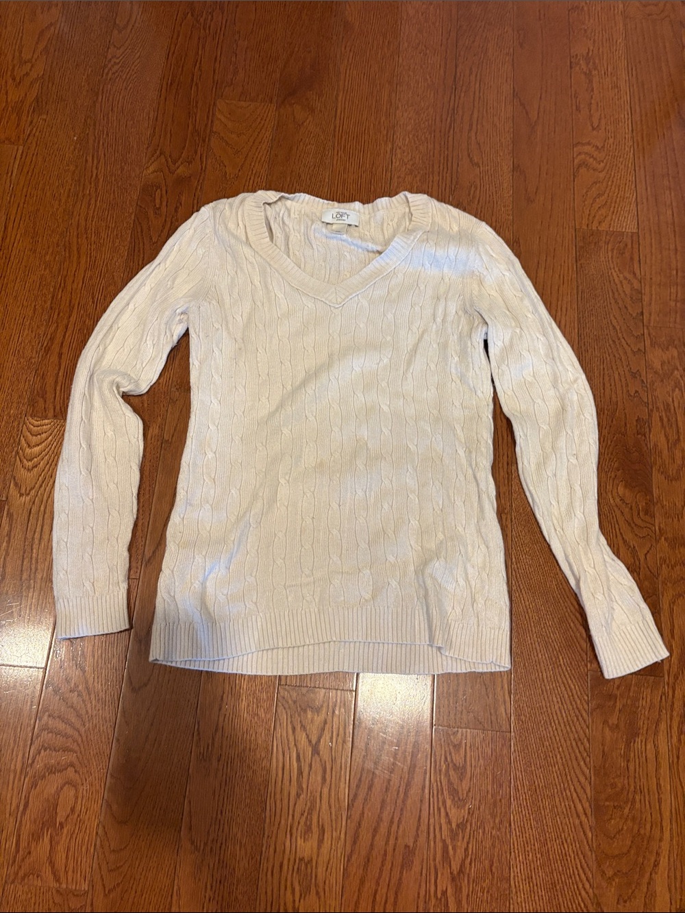 LOFT Cream Cable Knit V-Neck Pullover Sweater